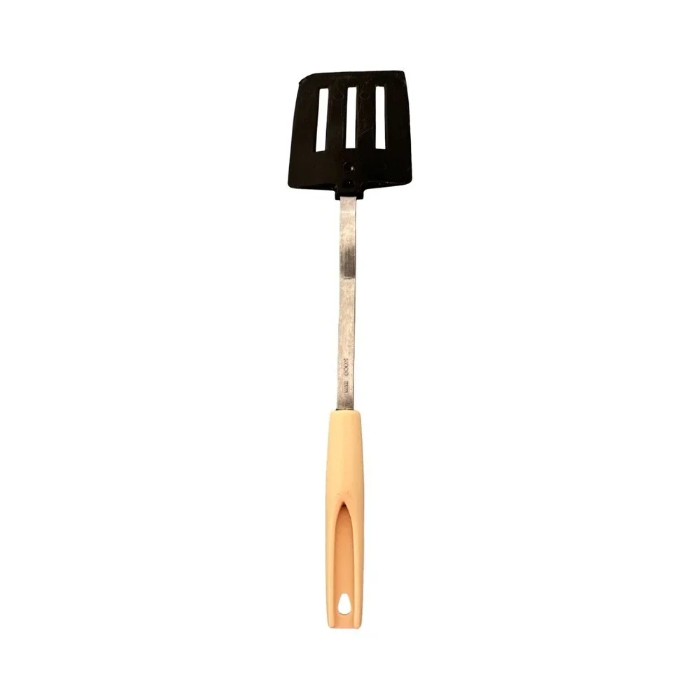 Vintage KOCO Japan Slotted Spatula Turner Stainless Steel Nylon Tan Handle Black
